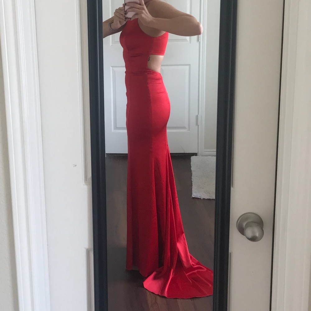 SOLD! Red high neck open back Sherri Hill gown - Picture 4 of 8